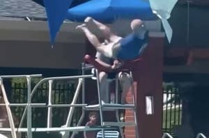 A man flips off a diving board at a pool, with the caption "Who's grandpa is this" and a crying emoji overlaid on the image