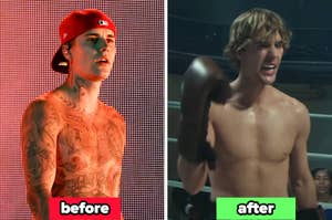 Justin Bieber before and after covering up the detailed tattoos covering his arms, chest, neck, and stomach