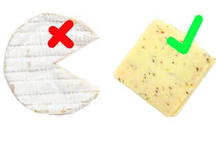 Left: Circular cheese with a red 'X' mark, missing a slice. Right: Square cheese slice with herbs, green check mark