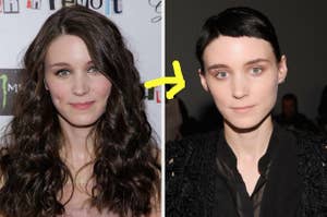 Rooney Mara with long curls on the left and short, straight hair on the right