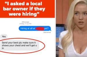 Woman reacting to a text message conversation about a job inquiry; response requests a picture emphasizing chest. Image used in Internet Finds article