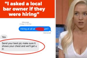 Woman reacting to a text message conversation about a job inquiry; response requests a picture emphasizing chest. Image used in Internet Finds article