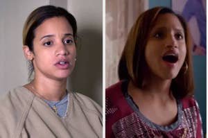 Dascha Polanco and Dasany Kristal Gonzalez in two scenes from Orange is the New Black, Dascha wearing prison attire on the left and Dasany in a casual outfit on the right