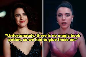 Margaret Qualley on the red carpet vs in "The Substance," text: "Unfortunately, there is no magic boob potion, so we had to glue those on"