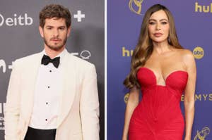 Andrew Garfield in a classic tux and bow tie, Sofía Vergara in a fitted dress with geometric details