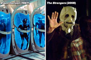 Split image: Left shows cryo-pods from "Event Horizon" (1997). Right depicts masked figure from "The Strangers" (2008) approaching a woman