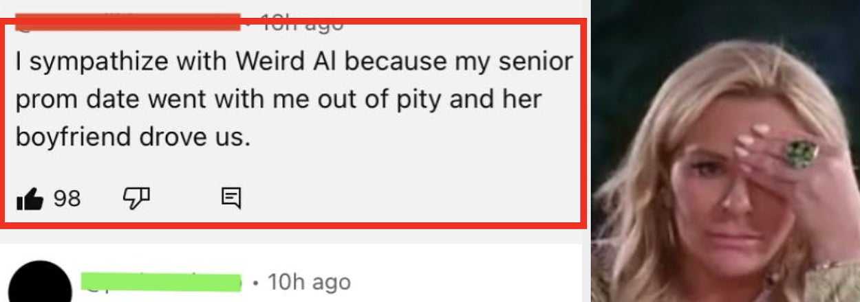 Social media post about a prom date with Weird Al comparison; comments include sympathy and hope for continued friendship