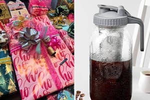 Left side: Close-up of wrapped presents with festive decorations. Right side: Large glass jar filled with iced coffee, a gray lid with a spout, beans nearby