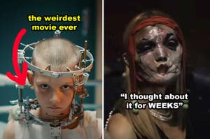 A split image: "Titane" – a person in a head device labeled "the weirdest movie ever," "Infinity Pool" – and a masked person with the text "I thought about it for WEEKS"