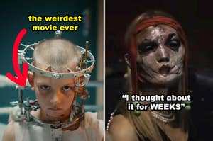 A split image: "Titane" – a person in a head device labeled "the weirdest movie ever," "Infinity Pool" – and a masked person with the text "I thought about it for WEEKS"