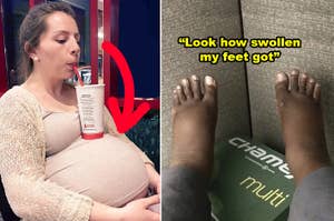 Pregnant woman balancing a cup on her belly; second image shows swollen feet with text: "Look how swollen my feet got."