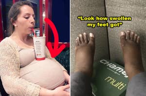 Pregnant woman balancing a cup on her belly; second image shows swollen feet with text: "Look how swollen my feet got."