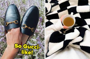 reviewer holding loafer mules / checkered blanket