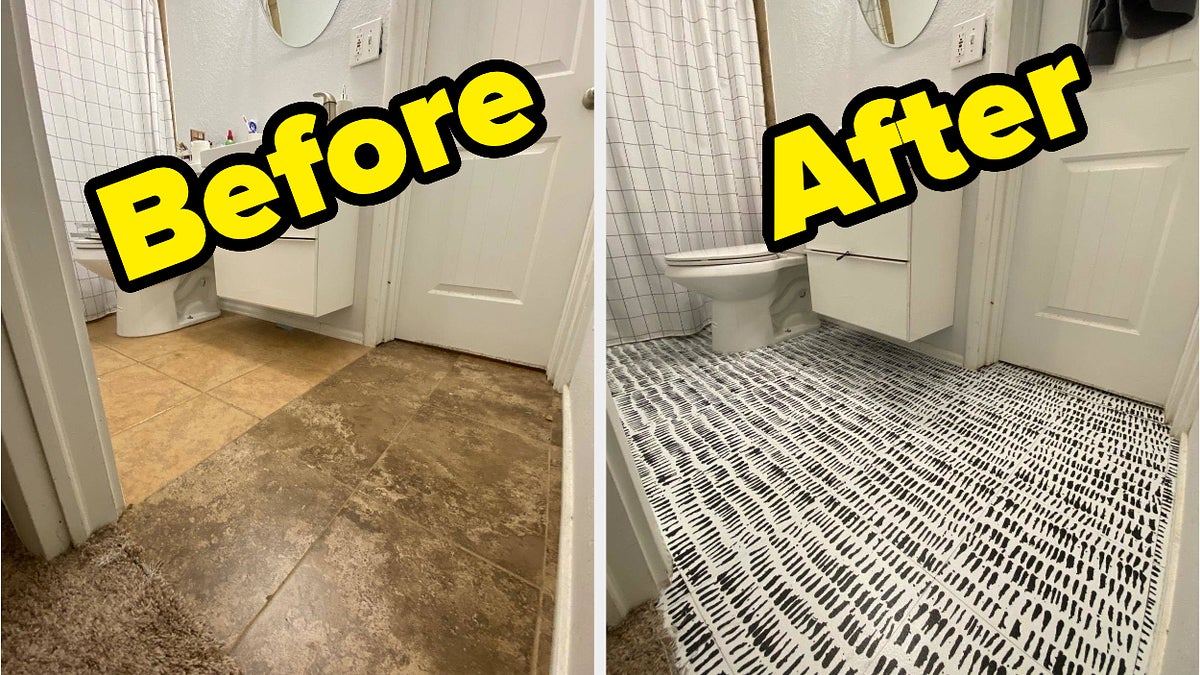 Side-by-side "before" and "after" bathroom renovation images showing the transformation from an old beige tile floor to a modern patterned black and white floor