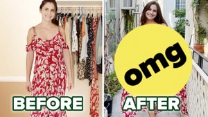 Rachel stands in her baggy dress on the left with the word "Before" and on the right an emoji reading "omg" covers her in a new outfit with the word "After" beneath.