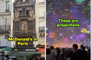 Left: McDonald's with unique architecture in Paris. Right: Crowd watching colorful light projections