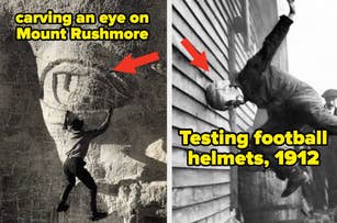 Two historic photos: Left, man carving Mount Rushmore; right, a 1912 football helmet test with a man being hit on the head