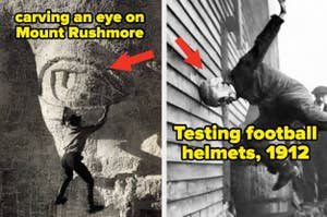 Two historic photos: Left, man carving Mount Rushmore; right, a 1912 football helmet test with a man being hit on the head