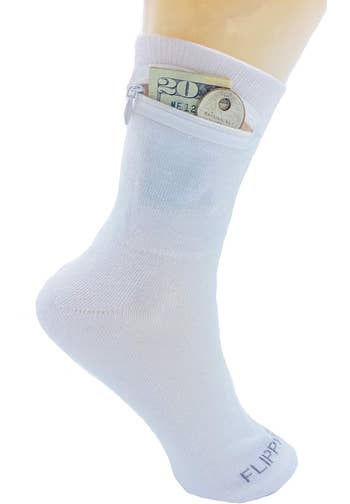 White sock with a zipper pocket storing folded money. The sock has the word 