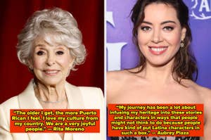 Rita Moreno and Aubrey Plaza with quotes on cultural identity and representation