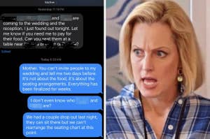 Split image: Left shows a text conversation about wedding seating issues. Right shows a woman looking frustrated, wearing a checkered shirt