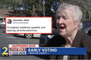 An elderly woman speaks about early voting in Newton County. A tweet by Vonnetta L. West reads, "I’m angered, saddened, appalled...and rejoicing...all at the same time."