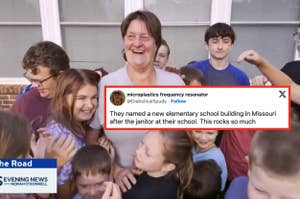 A joyful group of children embrace a smiling adult. A tweet overlay reads: "They named a new elementary school building in Missouri after the janitor at their school. This rocks so much."