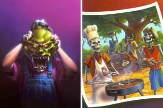 On the left, a person holds up a green monstrous mask. On the right, a stylized artwork of skeletons cooking at a barbecue under a tree