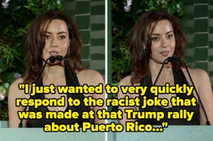 Aubrey Plaza at a podium addressing a crowd, with text discussing a response to a racist joke at a Trump rally about Puerto Rico