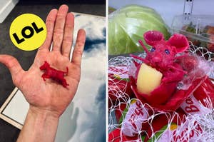 Two images show sculpted red wax figures created from Babybel cheese wax: a small dog in a hand, and a mouse holding a cheese chunk surrounded by Babybel labels