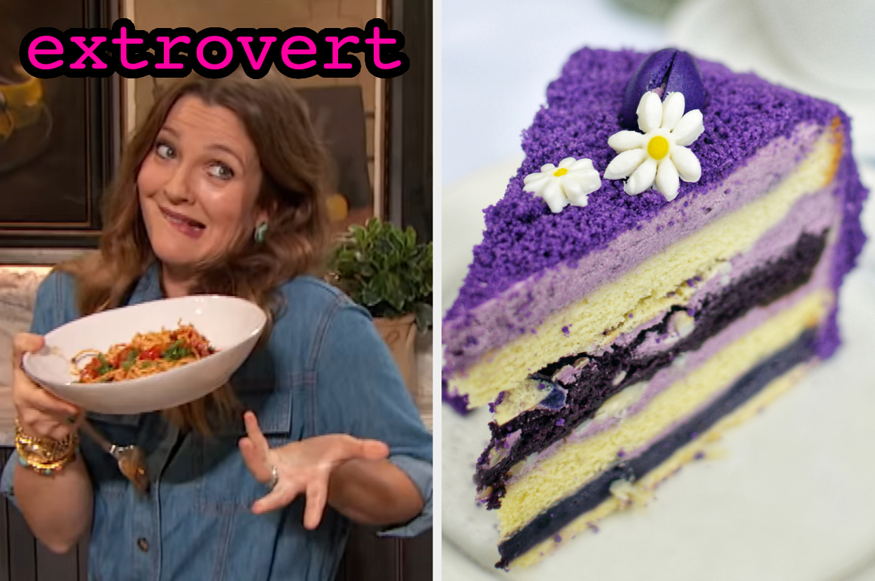 On the left, Drew Barrymore holding a bowl of pasta labeled extrovert, and on the right, a slice of taro layer cake