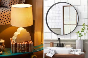 Left: Cloud-shaped lamp on striped box. Right: Round mirror above a basin with plants