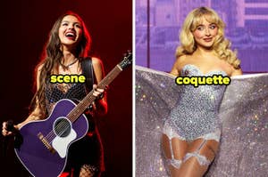 Two performers on stage: Olivia Rodrigo with guitar labeled "scene," Sabrina Carpenter in a corset labeled "coquette"