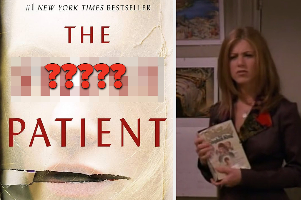 A confused woman holding a book with a cover that reads "The Patient," referencing a humorous edited image