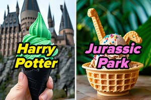 Left: A hand holds a green ice cream cone in front of a castle with text "Harry Potter." Right: An ice cream in a waffle bowl with candy toppings and text "Jurassic Park."