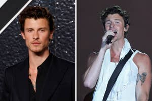 Two images of Shawn Mendes: left, in a black suit at an event; right, performing on stage in a sleeveless white shirt