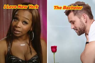 Two TV show promos: woman from "I Love New York" and man from "The Bachelor" looking away, rose between them