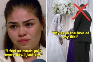 Two-panel image: A person looks distressed with text, "I feel so much guilt every day, I just cry;" Second panel shows a wedding couple with text, "My ex is the love of my life"