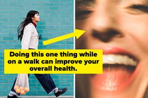 Woman walking, text overlay: "Doing this one thing while on a walk can improve your overall health." Close-up of smiling mouth