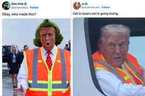 Image shows two humorous posts with edited photos of the same person, Donald Trump, wearing an orange safety vest and a tie, with one image featuring green hair