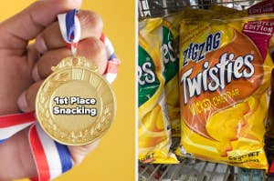 A gold medal with text "1st Place Snacking" and a bag of limited edition Zzang Twisties Wicked Cheddar snacks