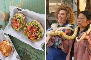 Toast with avocado, tomatoes, and a bagel. Two women, one with curly hair, react while the other holds a yellow snake