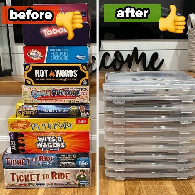 A stack of board games titled "before" labeled with a thumbs-up icon next to a neatly organized stack of plastic storage containers titled "after."