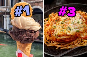 On the left, someone holding a gelato cone labeled number 1, and on he right, chicken parm labeled number 3