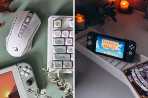 Left: Close-up of gaming equipment including a mouse and keyboard. Right: Handheld console on bathroom rack displaying Stardew Valley game screen