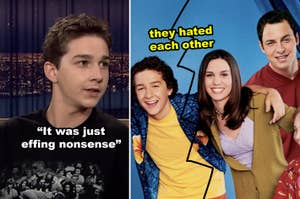 An interview with Shia LaBeouf next to "Even Stevens" cast photo with the text "they hated each other" suggesting tension among the actors