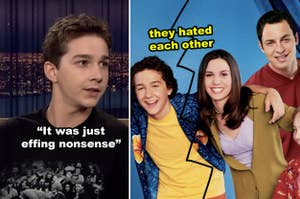 An interview with Shia LaBeouf next to "Even Stevens" cast photo with the text "they hated each other" suggesting tension among the actors