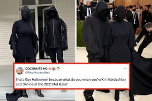 Two side-by-side images: left shows two people in dark, hooded outfits; right shows similar outfits at the 2021 Met Gala. Tweet jokes about Gay Halloween