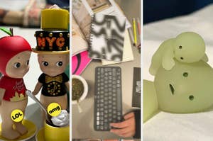 Three-image collage: Left: NYC-themed Sonny Angels dolls with "LOL" and "OMG" captions. Middle: Hands typing on a keyboard near planners. Right: Glow-in-the-dark figure on a nightlight