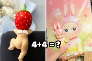 Figurine with a strawberry head and wings sitting on a ledge. Hand holds another bunny-eared figurine with a larger version on packaging. Text: "4+4 = ?"